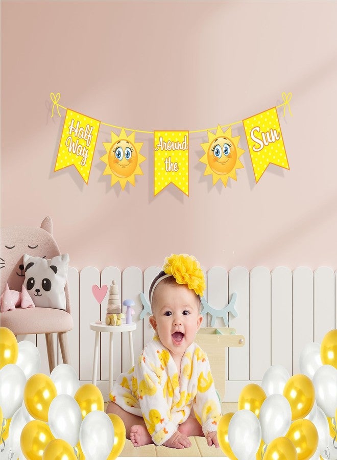 Untumble Half Birthday banner in Sunshine theme with banner and balloon for a 6 month birthday containing a It's my half birthday banner in Yellow and 20 Yellow & White balloons (Pack of 21) - Image 4